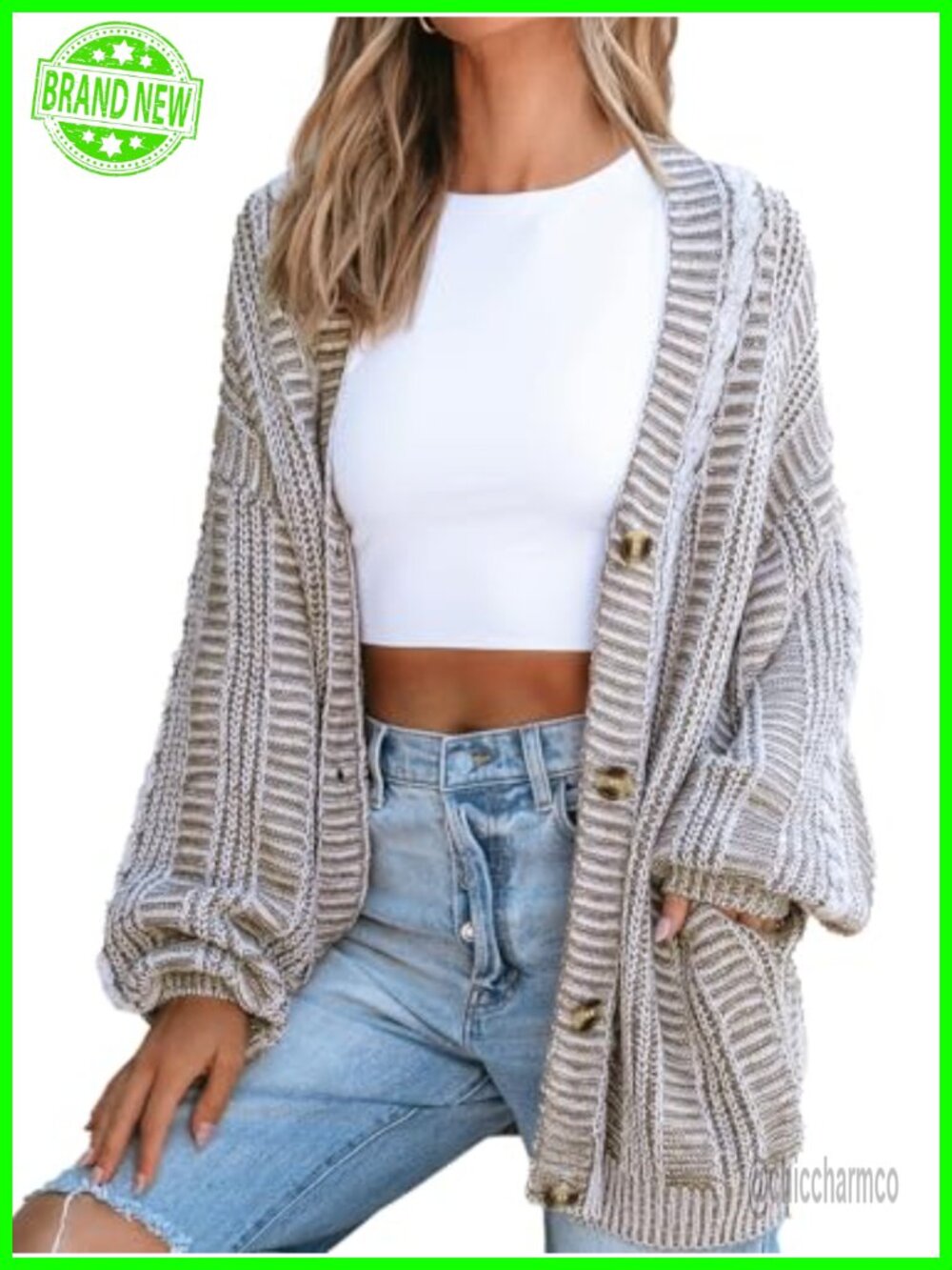 Oversized Chunky Cable Knit Cardigan Sweater Button Front Pockets